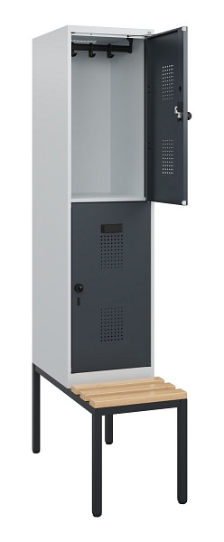 C+P Doppelstöckiger Spind Evolo PLUS, Bank, 2 Fächer, 1950x400x815mm, 7035/7016, Drehriegel, Sitzfläche Buche-Hartholz, Sitzbank, 0493505-12 S10012