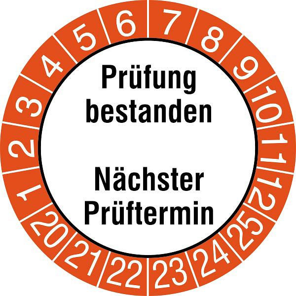 SafetyMarking Prüfplakette, Prüfung bestanden/Nächster Prüftermin, Prüfzeitraum: 20-25, Ø 3 cm, Folie, selbstklebend, VE: 15 Stück/Bogen, 30.0824-20-25