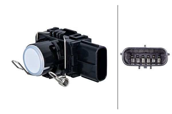 HELLA Sensor, Einparkhilfe, viereckig, 6-polig, gesteckt/geklemmt, lackierbar, mit Haltefeder, 6PX 358 270-181