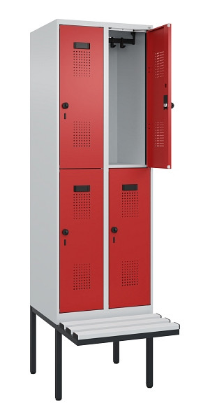 C+P Doppelstock-Spind Evolo PLUS, Bank, 4 Fächer, 2120x600x815mm, 7035/3000, Drehriegel, Sitzfläche Kunststoff, 0493407-20 S10084