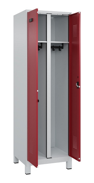 C+P Schwarz-Weiß-Spind Evolo PLUS, mit Füßen, 2 Abteile, 1950x600x500mm, 7035/3, Frontfarbe RAL 3003 Rubinrot, Zylinderschloss, 049012-20 S10031