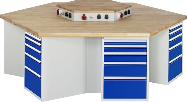 RAU Gruppenwerkbank Serie 4000, mit Energieaufsatz, 6 Unterbau-Container (6x Schublade), 2700x840x2340 mm, 03-499-135B4S-EA1.11