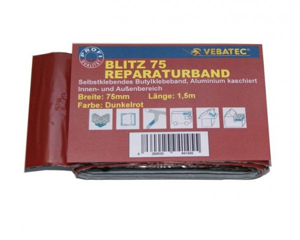 Vebatec Blitz Butyl Reparaturband Aluminium, Farbe: dunkelrot, 75mm x 1,5m, 115