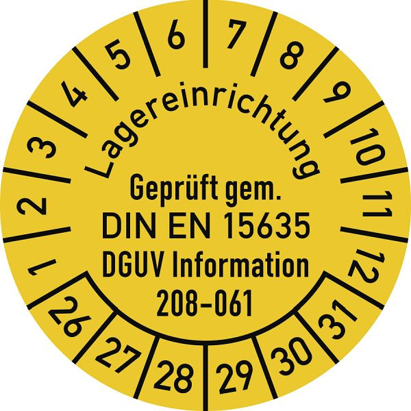 Moedel Prüfplakette DIN EN 15635 DGUV 208-061, 2026-2031, Folie, Ø 30mm, VE: 10 Stück/Bogen, 108010