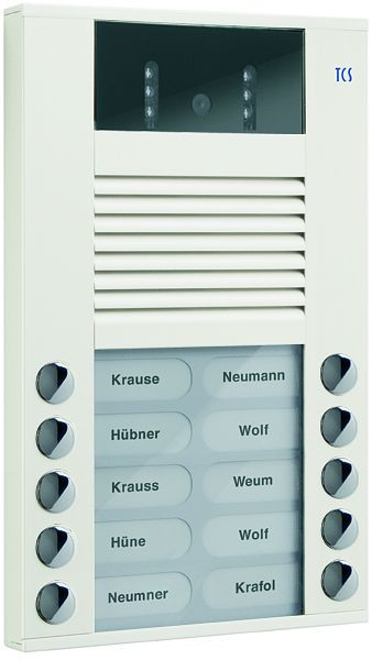 TCS Video-Außenstation mit 130-Grad-Kamera Serie AVE mit 10 Klingeltasten (rechts-/linksbündig), AP weiß, AVE14103-0018