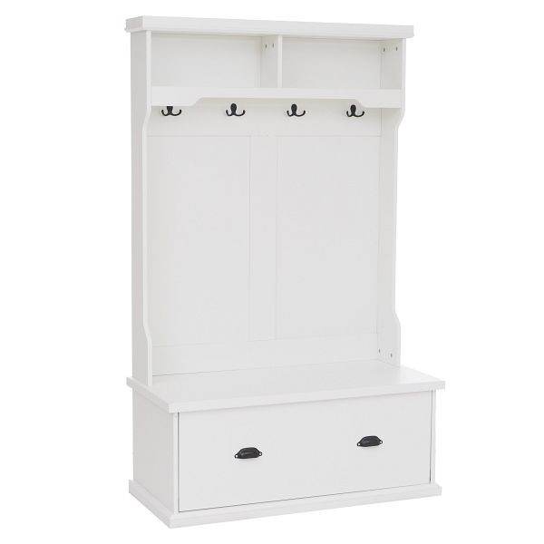 Mendler Garderobe HWC-P27, Flurgarderobe Holzgarderobe Sitzbank, 4 Haken Staufach Ablage Melamin 163x100x47cm, weiß, 118670+118671