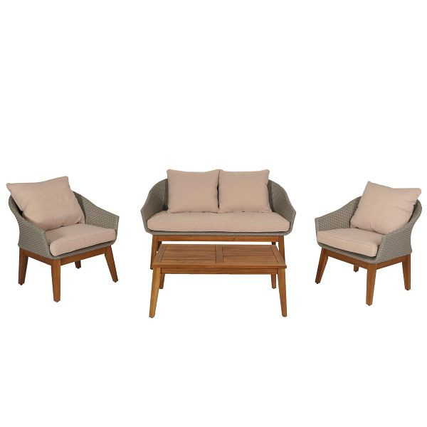 Mendler Gartengarnitur HWC-N37, Garten-/Lounge-Set Sofa Sitzgruppe, Poly-Rattan Holz Akazie, grau, Kissen beige, 106222
