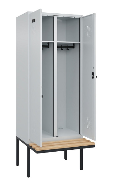 C+P Schwarz-Weiß-Spind Evolo PLUS, Bank, 2 Abteile, 2120x800x815mm, 7035/7035, Drehriegel, Sitzfläche Holz, 0490427-22 S10013