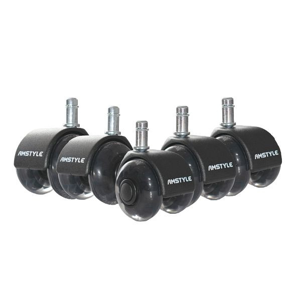 Amstyle 5er Set leichtgängige Universal-Schwerlastrollen für Bürostuhl 11 mm Stift / Durchmesser 50 mm, Drehstuhlrollen Schwarz, Doppellaufrollen, SPM1.978