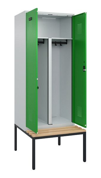 C+P PSA Doppel-Spind Evolo PLUS, Bank, 2 Abteile, 2120x800x815mm, 7035/6037, Zylinderschloss, Sitzfläche Buche-Hartholz, Sitzbank, 0490527-22P S10038