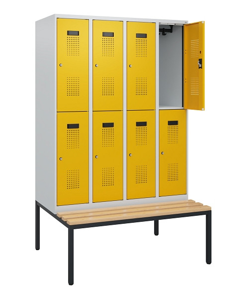 C+P Doppelstöckiger Spind Evolo PLUS, Bank, 8 Fächer, 1950x1200x815mm, 7035/1004, Zylinderschloss, Sitzfläche Buche-Hartholz, Sitzbank, 0493505-40 S10019