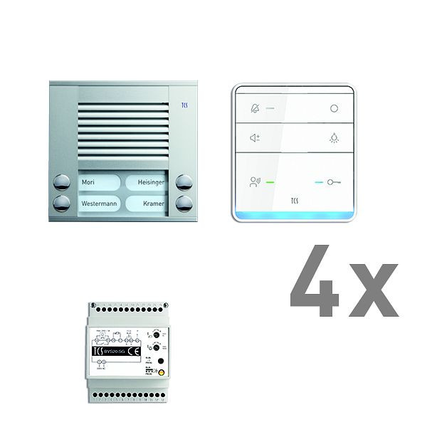 TCS Türkontrollsystem audio:pack AP für 4 Wohneinheiten, mit Außenstation PES 4 Klingeltasten, 4x Freisprecher ISW5010, Steuergerät BVS20, PAAF042/003