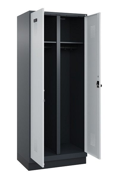 C+P Schwarz-Weiß-Spind Evolo PLUS, mit Sockel, 2 Abteile, 1950x800x500mm, 7016/7, Frontfarbe RAL 7035 Lichtgrau, Drehriegel, 049022-22 S10017
