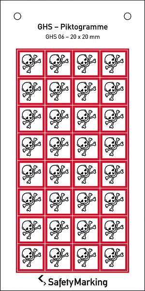SafetyMarking GHS-Gefahrenpiktogramm, Symbol 06: Totenkopf, BxH 2x2 cm, Folie, selbstklebend, VE: 32 Stück/Bogen, 30.3550-06