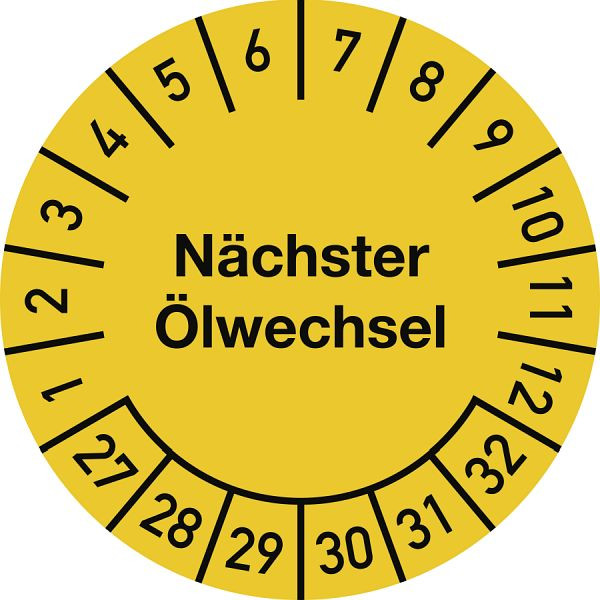 Moedel Prüfplakette Nächster Ölwechsel 2027-2032, Dokumentenfolie, Ø 25 mm, VE: 10 Stück/Bogen, 108216