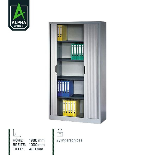 Alpha Work Aktenschrank mit Rollladen, 1000 x 1980 x 420 mm, 5 Ordnerhöhen, Lichtgrau, 00115
