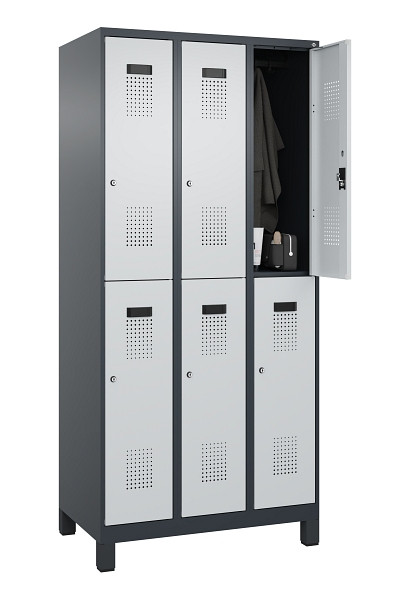 C+P Doppelstöckiger Spind Evolo PLUS, mit Füßen, 6 Fächer, 1950x900x500mm, 7016, Frontfarbe RAL 7035 Lichtgrau, Zylinderschloss, 049310-30 S10044