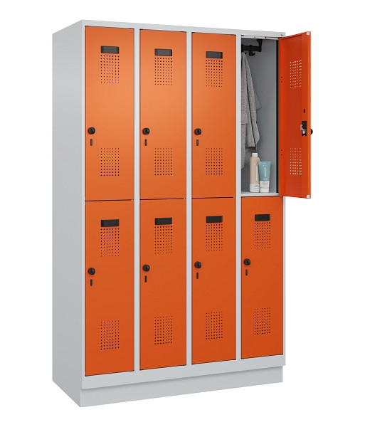 C+P Doppelstöckiger Spind Evolo PLUS, mit Sockel, 8 Fächer, 1950x1200x500mm, 703, Frontfarbe RAL 2004 Reinorange, Drehriegel, 049320-40 S10002