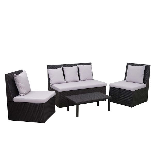 Mendler Poly-Rattan Garnitur HWC-G16, Garten-/Lounge-Set, Gastronomie 2er Sofa 2xSessel Couchtisch, schwarz, Kissen hellgrau, 70868+2x70876+70878