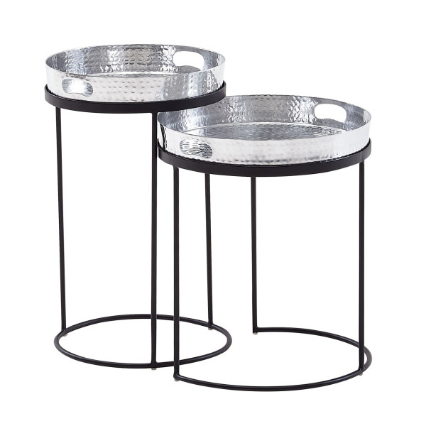 Wohnling Beistelltisch 2er Set Silber/Schwarz Metall Hammerschlag Satztisch Rund, Couchtisch abnehmbares Tablett, WL6.460