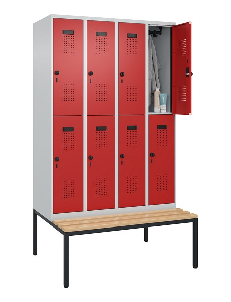 C+P Doppelstock-Spind Evolo PLUS, Bank, 8 Fächer, 2120x1200x815mm, 7035/3000, Drehriegel, Sitzfläche Buche-Hartholz, Sitzbank, 0493507-40 S10003