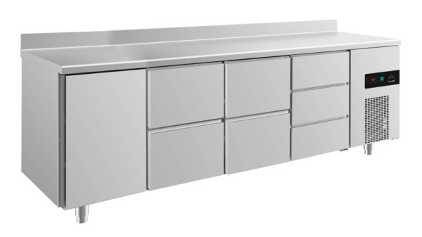 A&S Polarny Kühltisch -2 bis +8°C mit Tür links, 2x zwei Schubladen und drei Schubladen rechts, 2330 x 700 x 850 mm, mit Aufkantung, KT4TZZDA