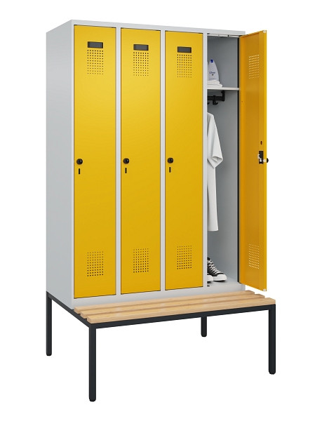 C+P Spind Evolo PLUS, 4 Abteile, 2120x1200x815mm, 7035/1004, Haken 3, Drehriegel, Sitzfläche Buche-Hartholz, Sitzbank, 0490507-40 S10000