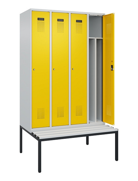 C+P Spind Evolo PLUS, 4 Abteile, 2120x1200x815mm, 7035/1023, Haken 4, Zylinderschloss, Sitzfläche Kunststoff, Sitzbank, 0490507-40F S10082