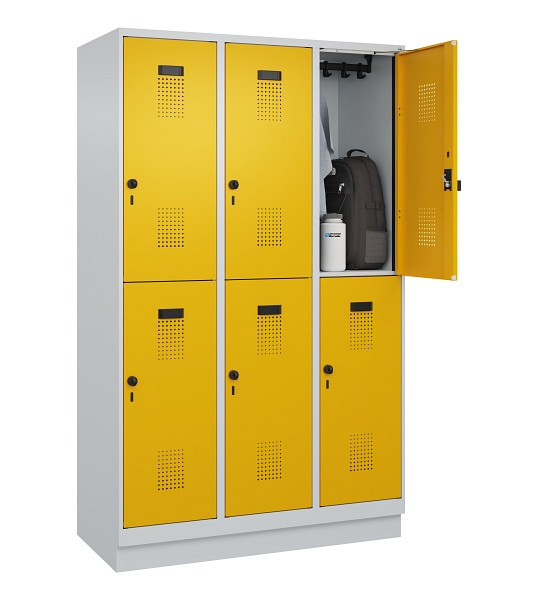 C+P Doppelstöckiger Spind Evolo PLUS, mit Sockel, 6 Fächer, 1950x1200x500mm, 703, Frontfarbe RAL 1004 Goldgelb, Drehriegel, 049320-32 S10000