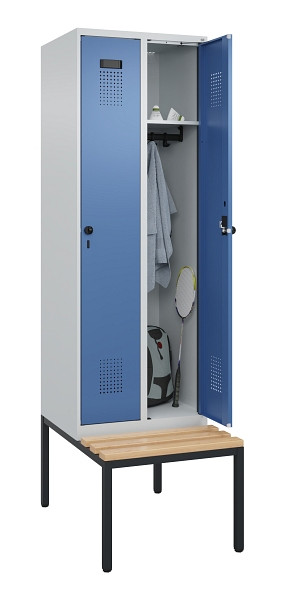 C+P Spind Evolo PLUS, 2 Abteil, 2120x600x815mm, 7035/5023, Drehriegel, Sitzfläche Buche-Hartholz, Sitzbank, 0490507-20 S10008