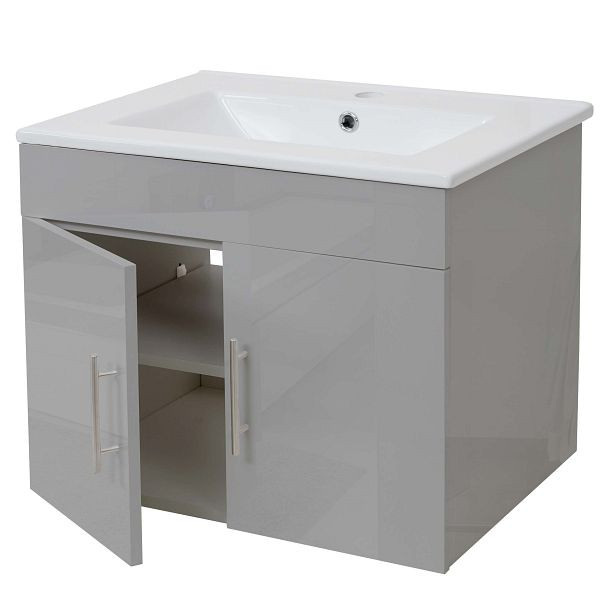 Mendler Waschbecken + Unterschrank HWC-D16, Waschbecken Waschtisch, hochglanz 60cm, grau, 62261+62235
