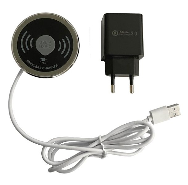 Hammerbacher QI-Ladegerät ELQI10, Induktiv für Qi-fähige Geräte, silber gebürstet, Input: DC 5V/2A, Output: DC 5V/1A, Stecker 230V, Kabel 1,5 m, VELQI11