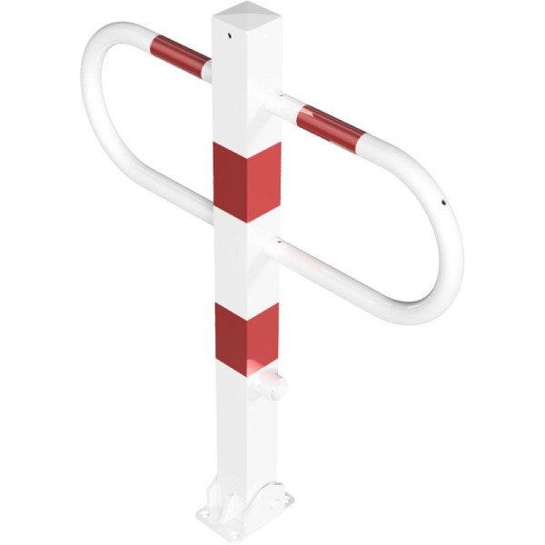 Stein HGS Durchgangs- und Parkplatzsperre, umlegbar mit, Dreikantverschluss nach DIN 3223, zum Aufdübeln mit Bodenplatte, verzinkt und weiß mit roten Leuchtstreifen, 471fub