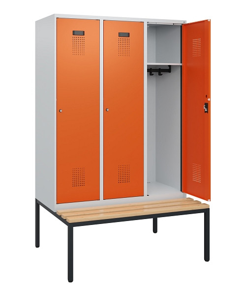C+P Spind Evolo PLUS, 3 Abteile, 1950x1200x815mm, 7035/2004, Zylinderschloss, Sitzfläche Buche-Hartholz, Sitzbank, 0490505-32 S10022