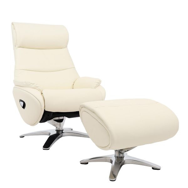 Mendler Relaxsessel mit Hocker HWC-K98, Fernsehsessel Sessel, Liegefunktion drehbar, Metall Echtleder/Kunstleder, creme-weiß, 98335