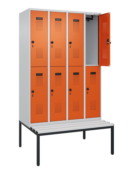 C+P Doppelstock-Spind Evolo PLUS, Bank, 8 Fächer, 2120x1200x815mm, 7035/2004, Drehriegel, Sitzfläche Kunststoff, Sitzbank, 0493507-40 S10083