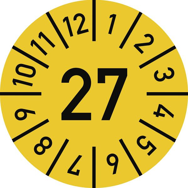 Moedel Prüfplakette Jahr 27 mit Monaten, gelb, Folie, Ø 15 mm, VE: 10 Stück/Bogen, 106127