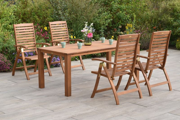 Merxx Paraiba Set 5-teilig, 4 Paraiba Klappsessel, Rückenlehne 5-fach verstellbar, 1 Tisch, 185 x 90 cm, FSC Akazinholz, 50110-011
