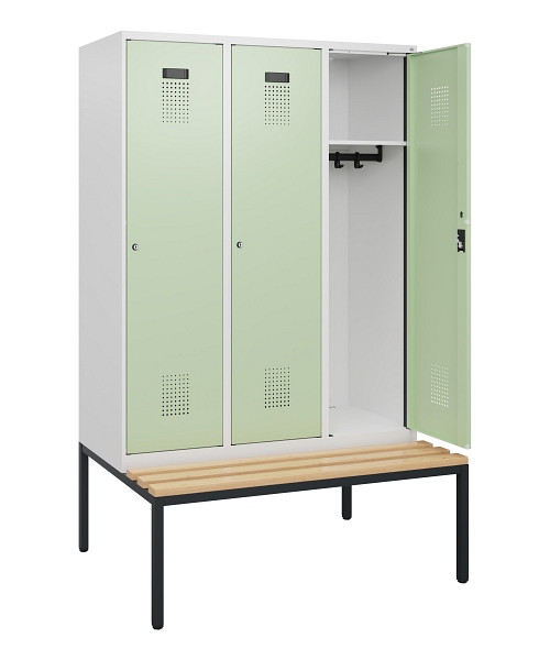 C+P Spind Evolo PLUS, 3 Abteile, 1950x1200x815mm, 9016/6019, Zylinderschloss, Sitzfläche Buche-Hartholz, Sitzbank, 0490505-32 S10046