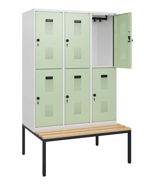 C+P Doppelstöckiger Spind Evolo PLUS, Bank, 6 Fächer, 1950x1200x815mm, 9016/6019, Drehriegel, Sitzfläche Buche-Hartholz, Sitzbank, 0493505-32 S10021
