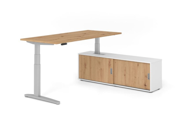 Hammerbacher Schreibtisch XBHM19, 180x80cm, Platte: Asteiche, 25mm dick, C-Fuß Gestell Silber, Höhe: 65 - 129 cm, Ahorn, SB/R/S/W/R, VXBHM19SB/R/S/W/R