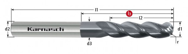Karnasch VHM-Schruppfräser, Kugelstirn d= 20,0 / r= 10,0 / L2= 75 / L3= ohne / Z= 4 DCC 0318 - Graphit, 3065742000075