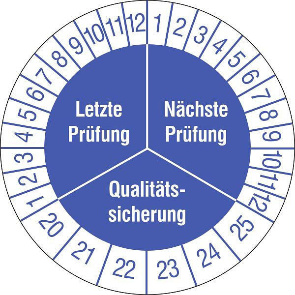 SafetyMarking Prüfplakette - mit Jahresfarbe, Qualitätssicherung, Prüfzeitraum: 20-25, Ø 3 cm, Folie, selbstklebend, VE: 15 Stück/Bogen, 30.3668-20-25