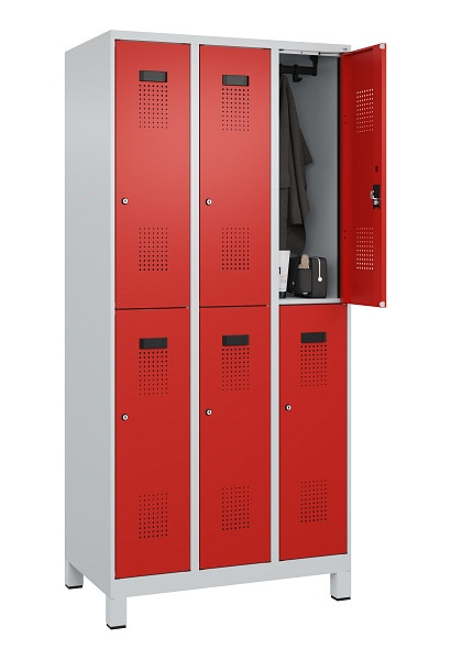 C+P Doppelstöckiger Spind Evolo PLUS, mit Füßen, 6 Fächer, 1950x900x500mm, 7035, Frontfarbe RAL 3020 Verkehrsrot, Zylinderschloss, 049310-30 S10032