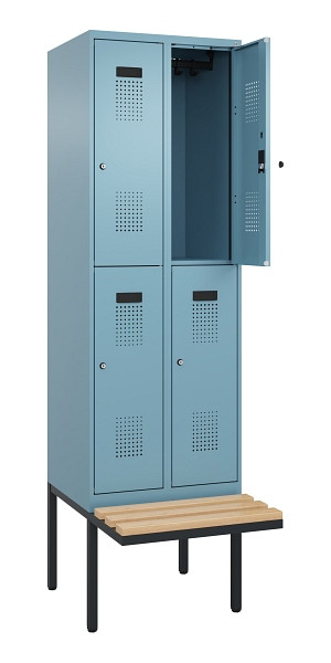 C+P Doppelstock-Spind Evolo PLUS, Bank, 4 Fächer, 2120x600x815mm, 0010/0010, Zylinderschloss, Sitzfläche Buche-Hartholz, 0493407-20 S10048