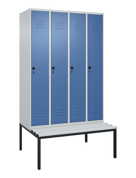 C+P Umkleidespind Classic PLUS, mit untergebauter Sitzbank, 4 Abteile, 2120x1200x815mm, 7035/5023, Drehriegel, 0800507-40 S10035