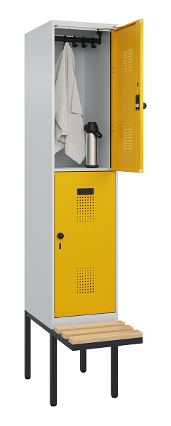 C+P Doppelstock-Spind Evolo PLUS, Bank, 2 Fächer, 2120x400x815mm, 7035/1004, Drehriegel, Sitzfläche Buche-Hartholz, 0493407-12 S10000