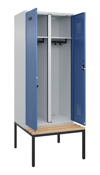 C+P Schwarz-Weiß-Spind Evolo PLUS, Bank, 2 Abteile, 2120x800x815mm, 7035/5023, Zylinderschloss, Sitzfläche Buche-Hartholz, Sitzbank, 0490527-22 S10035
