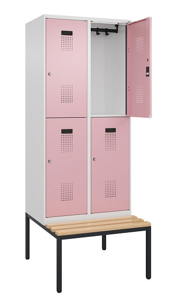 C+P Doppelstock-Spind Evolo PLUS, Bank, 4 Fächer, 2120x800x815mm, 9016/3015, Zylinderschloss, Sitzfläche Buche-Hartholz, Sitzbank, 0493507-22 S10045