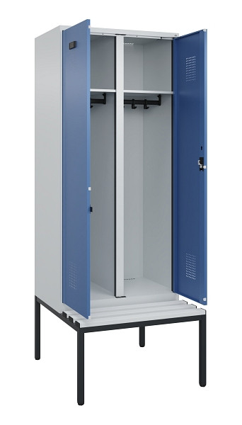 C+P Schwarz-Weiß-Spind Evolo PLUS, Bank, 2 Abteile, 2120x800x815mm, 7035/5023, Zylinderschloss, Sitzfläche Kunststoff, Sitzbank, 0490527-22 S10089